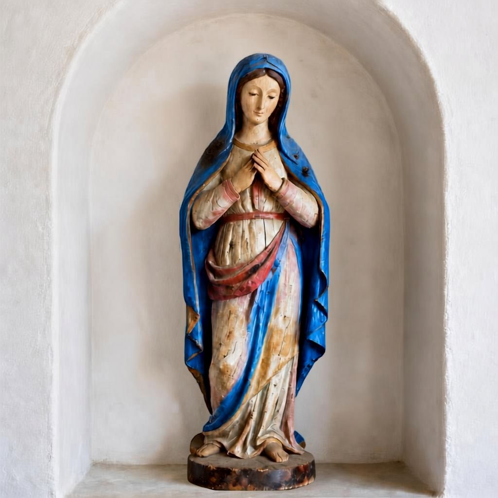 A carved and painted wooden statue of Mary Magdalene, in a blue cloak, standing in a whitewashed niche.