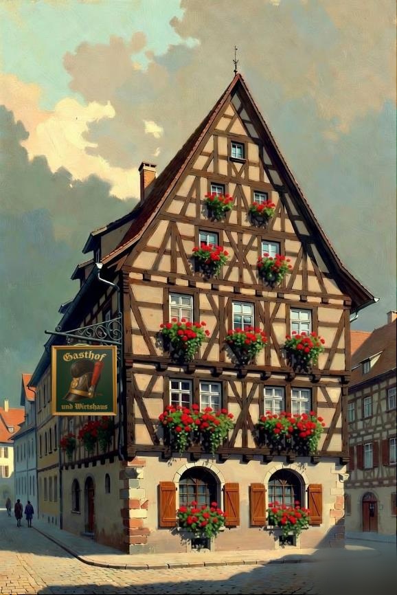 The Raupenhelm's half-timbered exterior, flower boxes at every window, the painted inn sign hanging by the door.