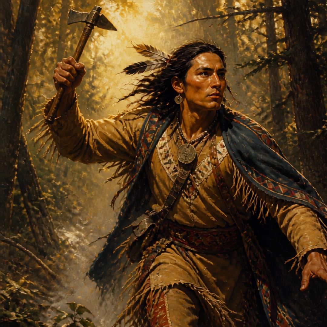 A Shawnee warrior with a tomahawk raised, mid stride, in a sunlit forest.
