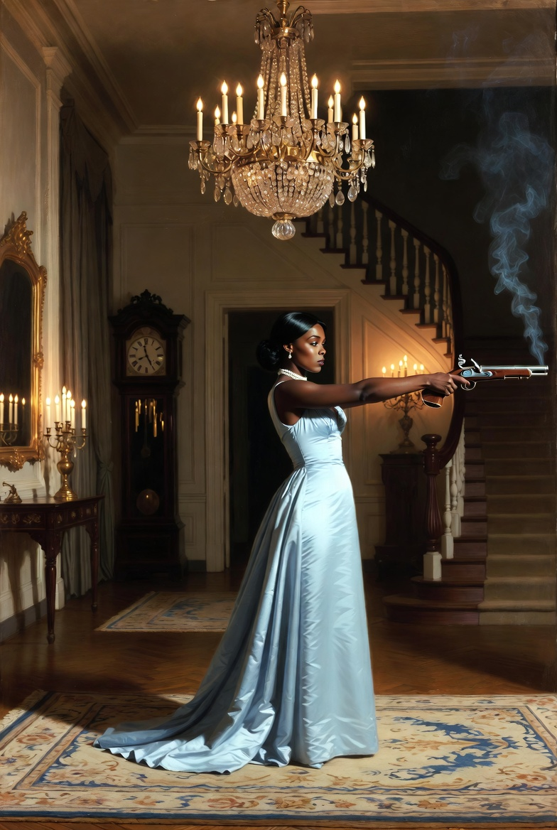 Madame Tebieux in the foyer, a flintlock pistol raised and still smoking.