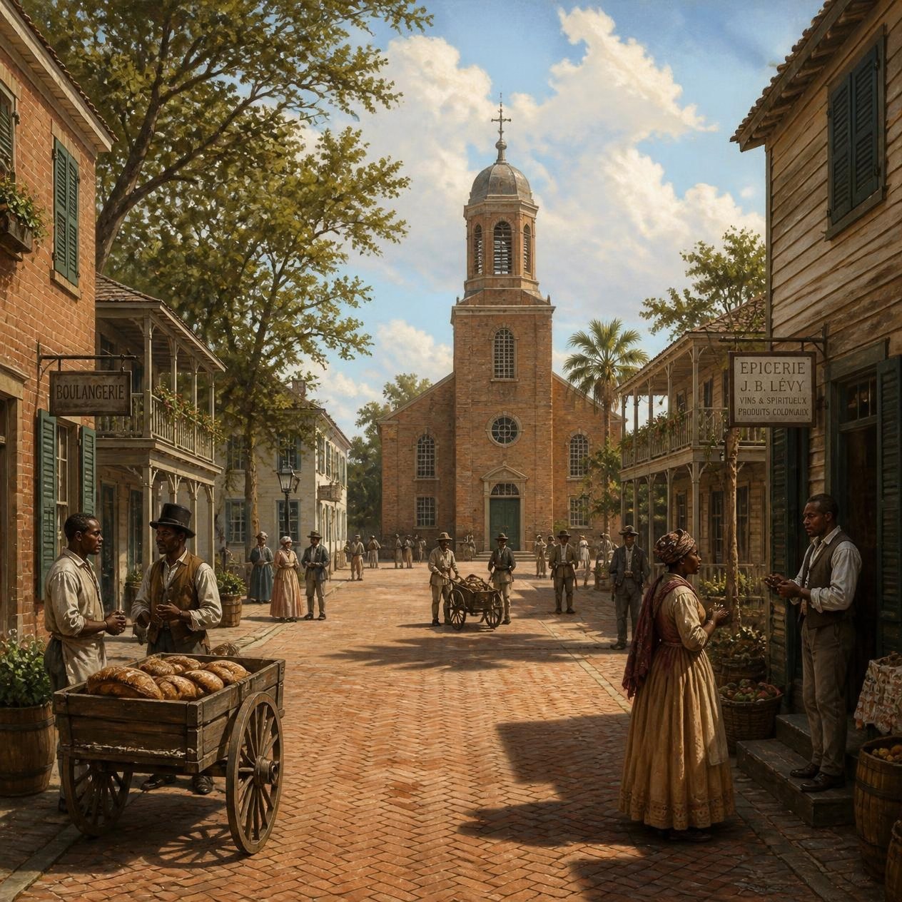 A brick-paved street in the rebuilt town, a brick church with a domed bell tower at the end of it, a bakery cart and a grocer's sign in the foreground, townspeople going about the morning.