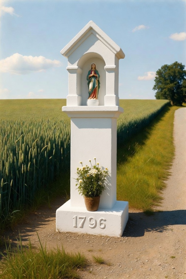 A whitewashed stone Bildstock at a crossroads, a statue of the Virgin in its niche, fresh flowers at the base, dated 1796.