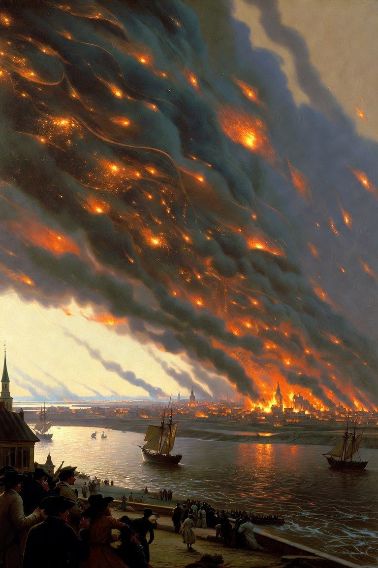 A wall of fire and smoke over New Orleans seen from across the river, embers streaming upward, onlookers gathered on the levee.