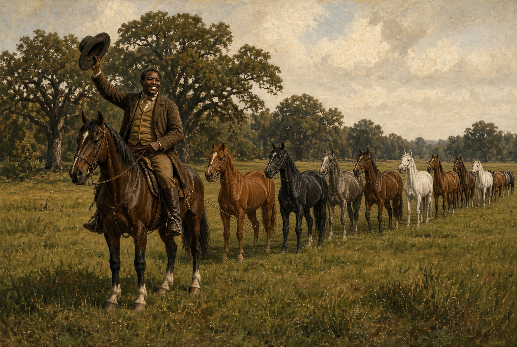 A smiling man on horseback, hat raised in greeting, leading a long line of horses of every color across an open field.