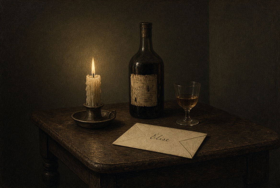 A candlelit table with a dark bottle, a glass of amber liquor, and a sealed envelope addressed to Élise.