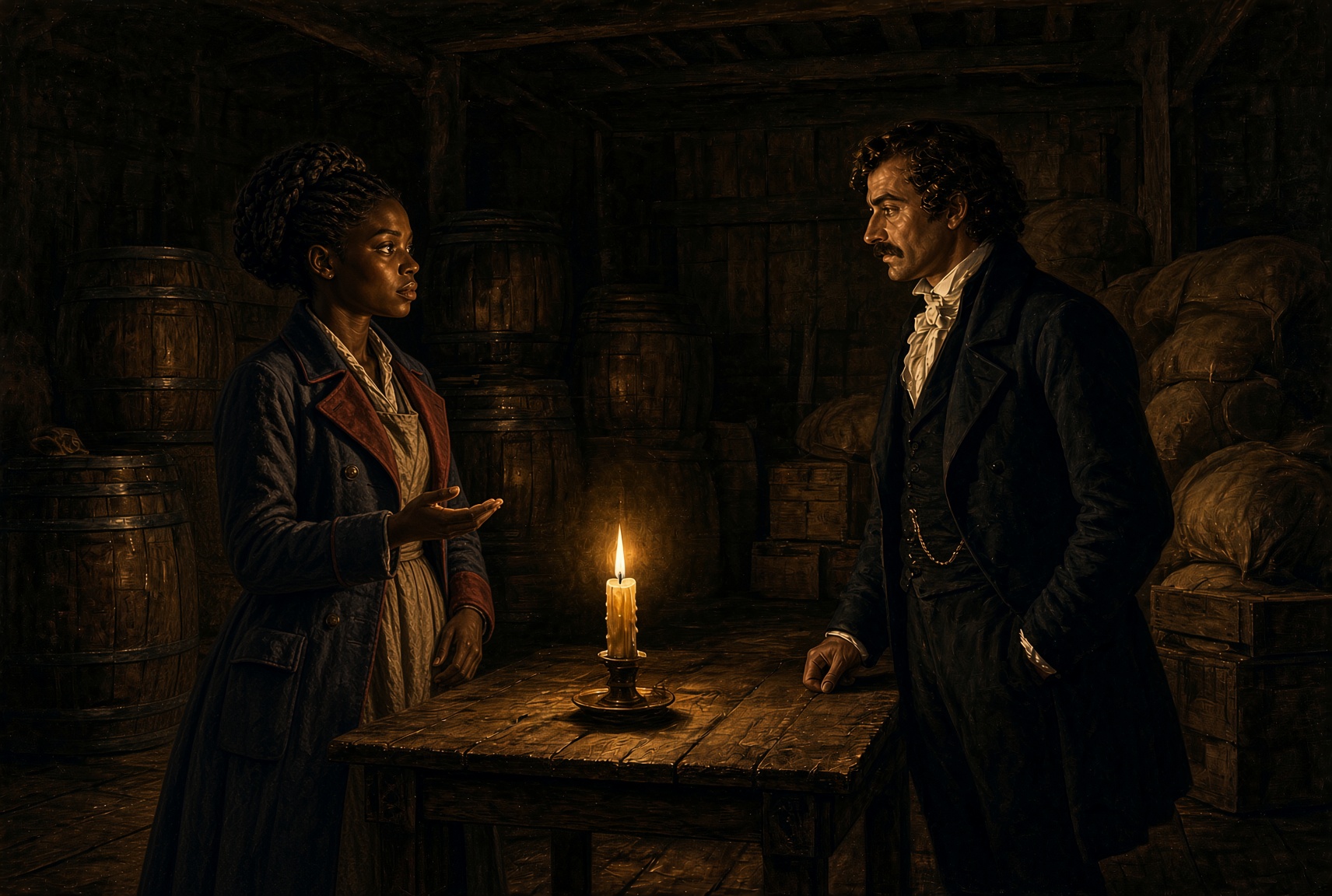 Élise and a dark-haired, mustached man in black facing each other across a single candle in a dim warehouse stacked with barrels and crates.