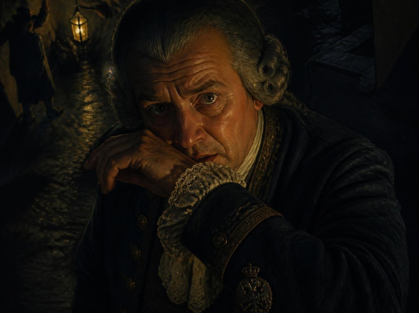 The Hexenkommissar, in a powdered wig and lace cuffs, wipes his face with the back of his hand, his eyes wide, a lantern-lit lane behind him.