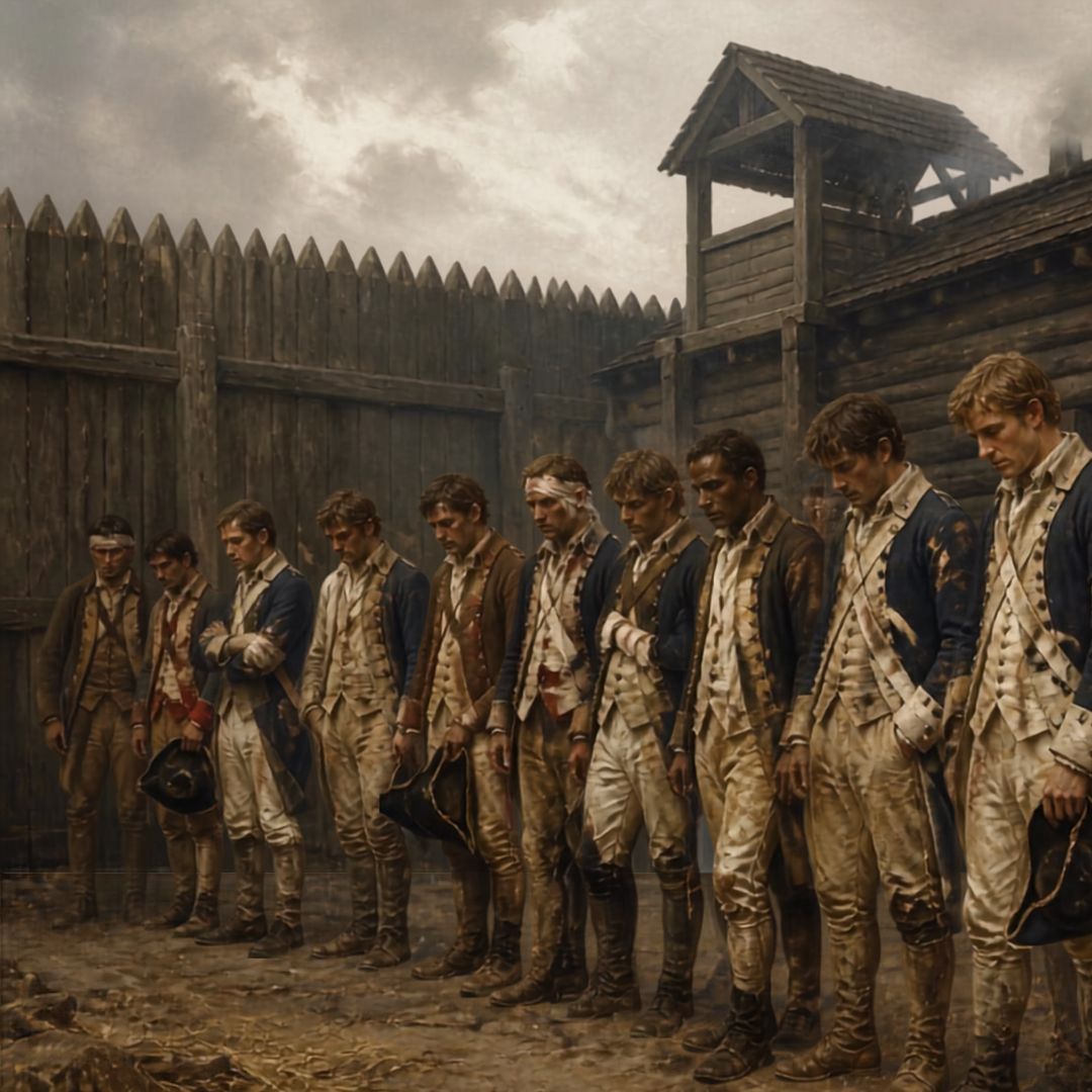 A row of exhausted, bloodied American soldiers stand with bowed heads before a log stockade.