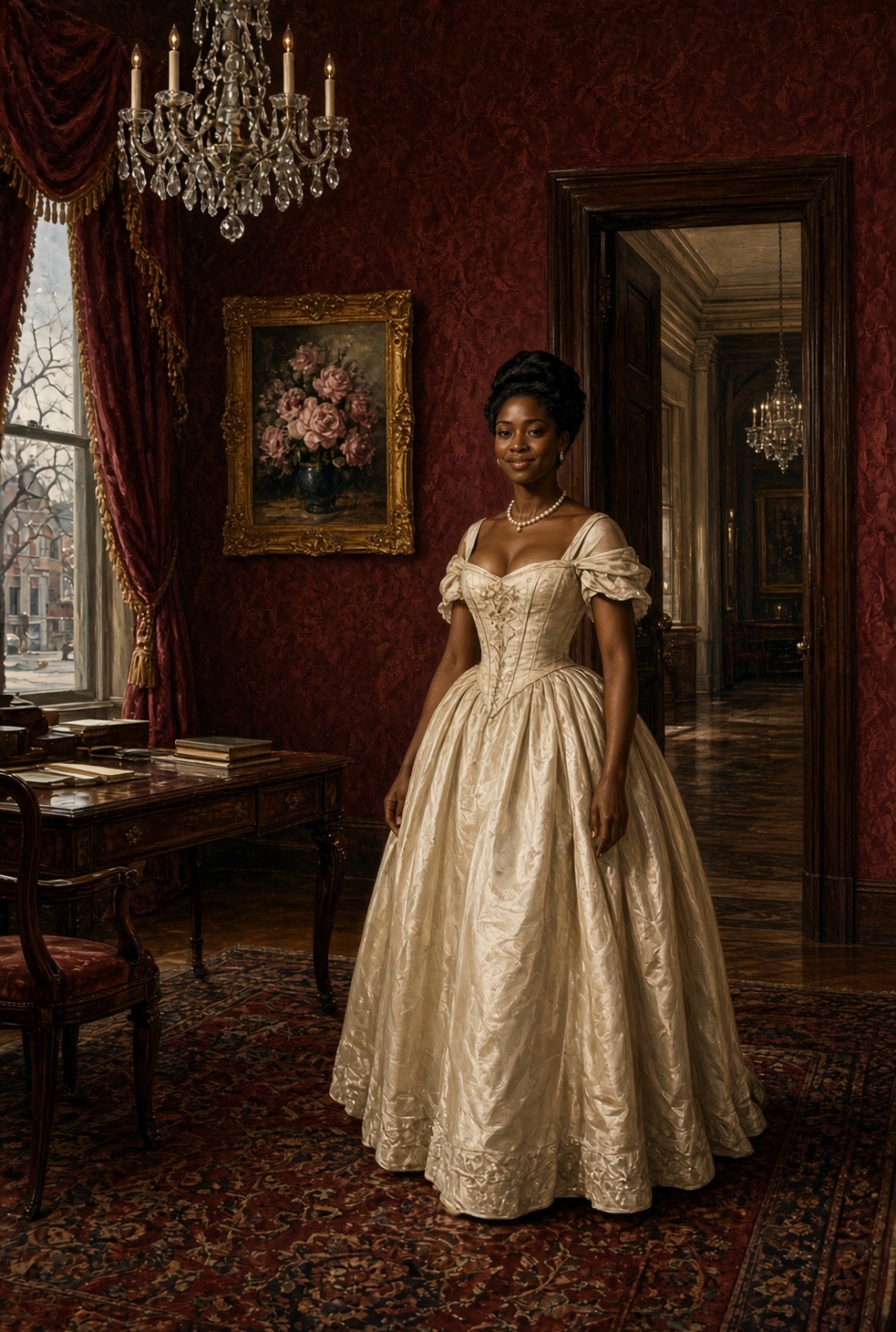 A woman in a cream silk gown and pearls stands in a red drawing room beside a desk, a bouquet of roses in a gilt frame on the wall behind her.