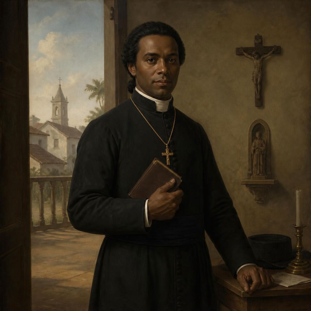 Father Augustin in a black cassock with a gold cross, a small book in one hand, standing by an open door with a church tower beyond.