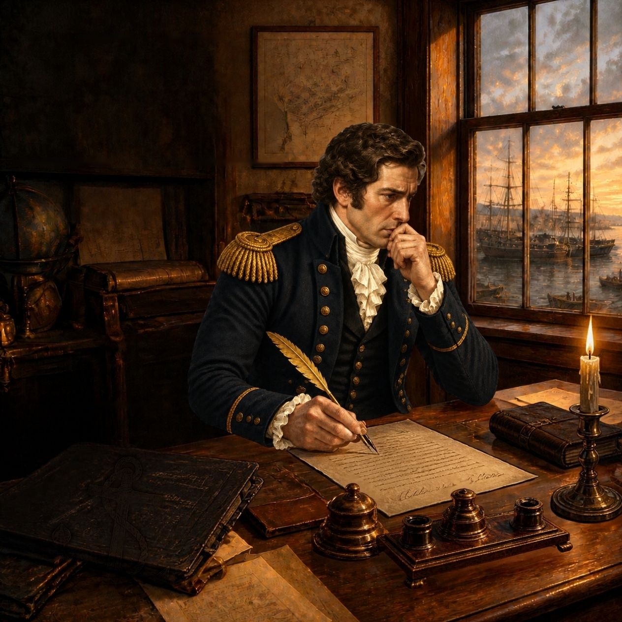 Captain Voss at a candlelit desk, quill in hand, one fist at his mouth, writing his report; the harbor and its ships glow in the window beyond.