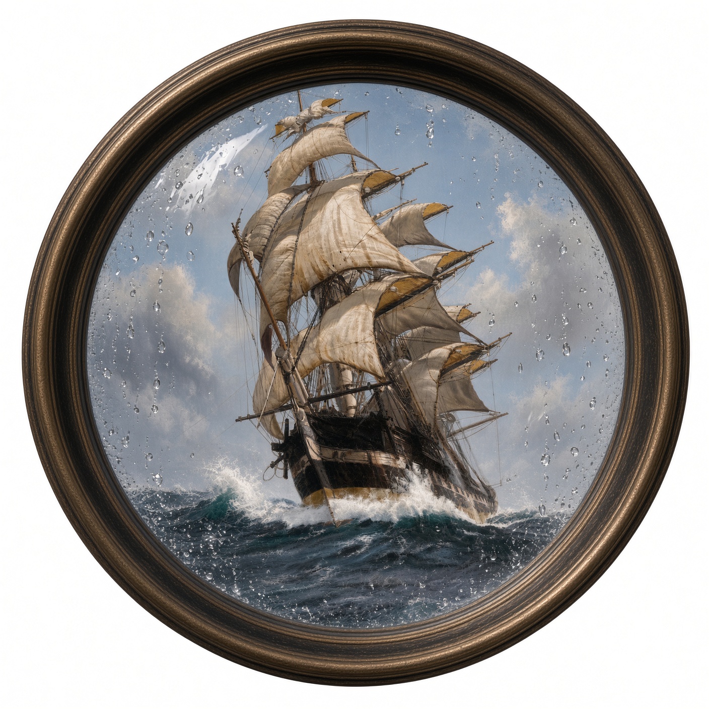 A tall ship under full sail, driving through heavy seas.