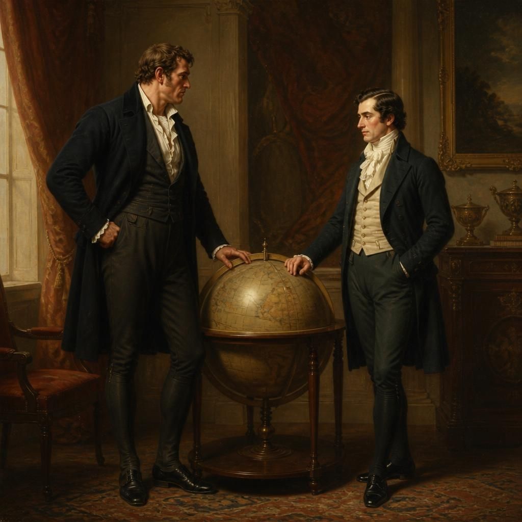 Two men standing on either side of a large globe on a stand, one considerably larger than the other, in a formal sitting room.