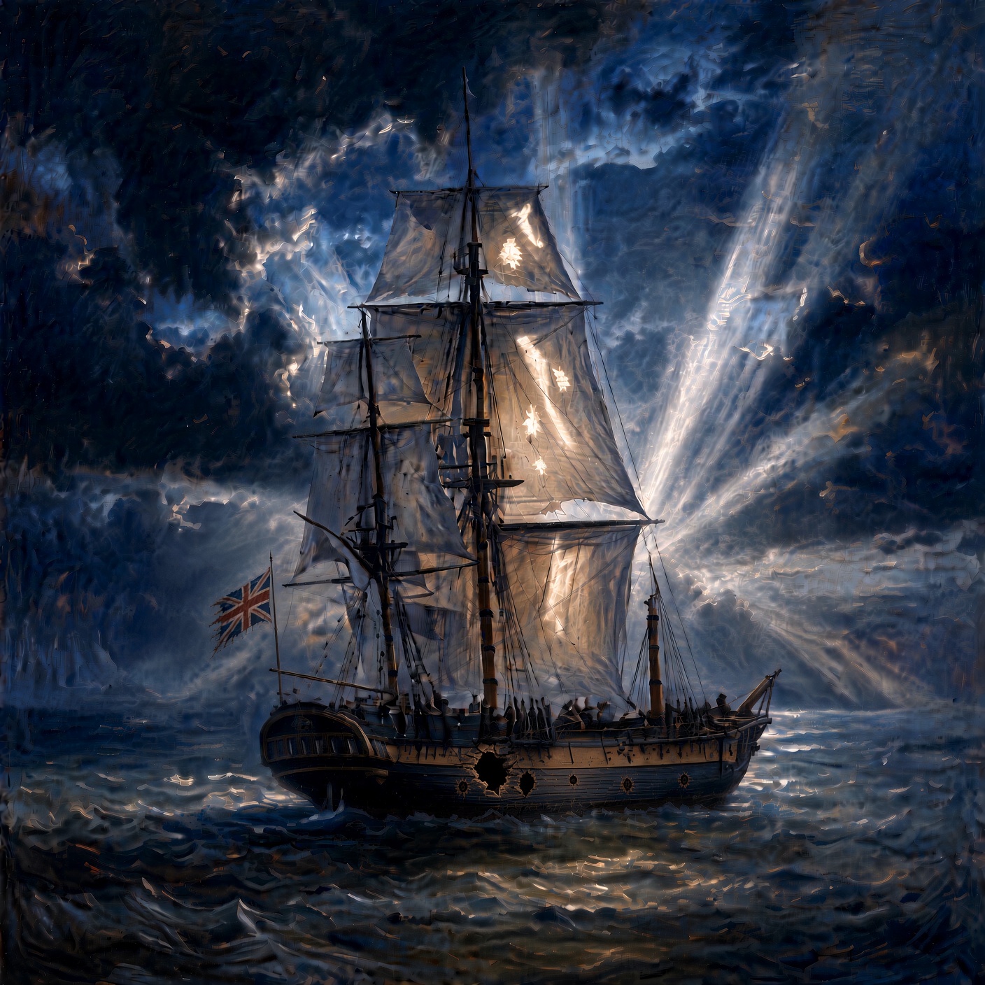 HMS Falcon at night under moonlit clouds, a shot hole stove in her side, sails torn, a Union Jack at her stern.