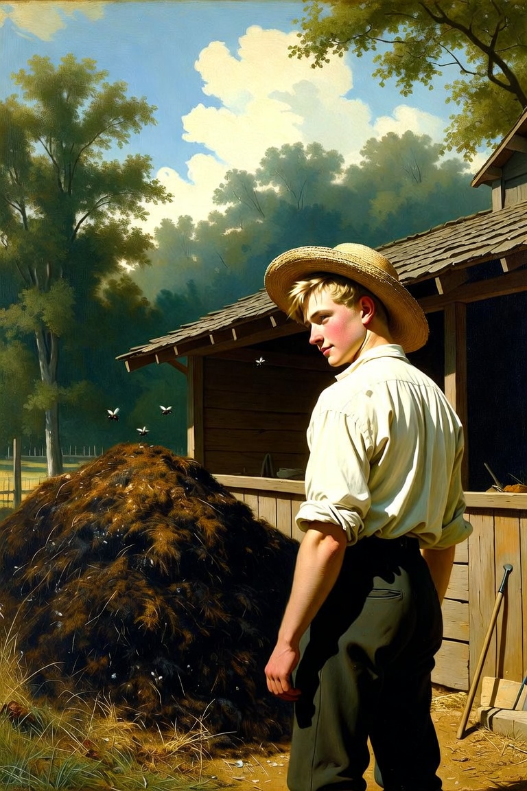 A young man in a straw hat stands beside a large manure heap beside a barn.