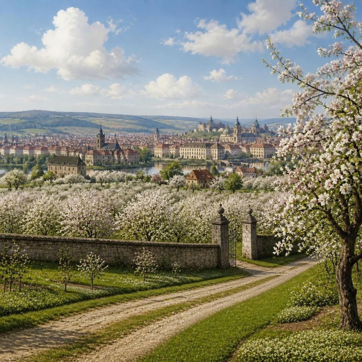 Apple orchards in full blossom beside a stone wall and gate, the river and the baroque towers of Würzburg in the distance under a bright spring sky.