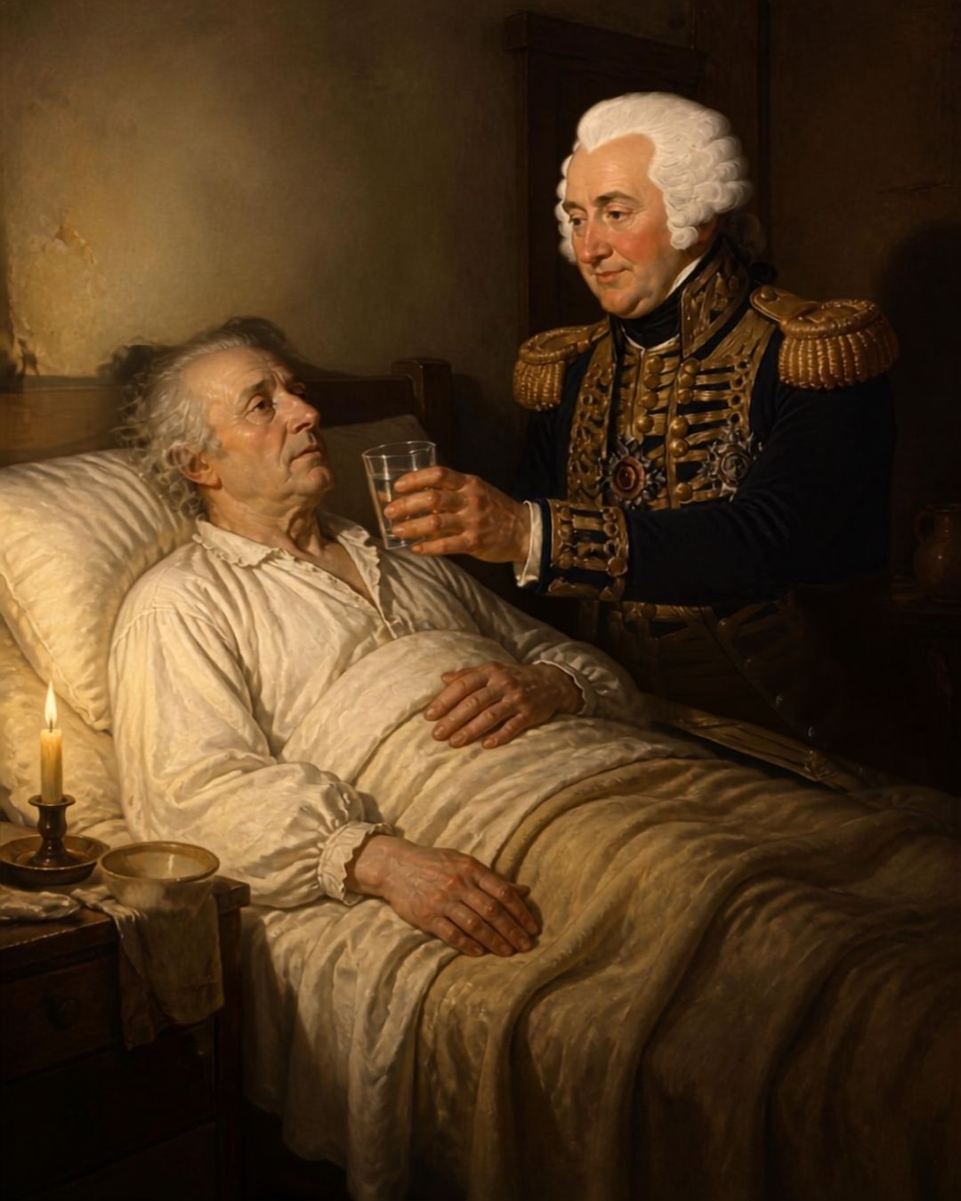 An officer in a white wig holds a glass of water to an old man in bed by candlelight.