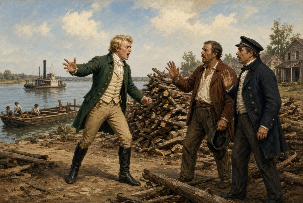 A young man in a green coat shouts at a steamboat captain and a firewood merchant beside a stack of firewood on a riverbank, a steamboat on the river behind.