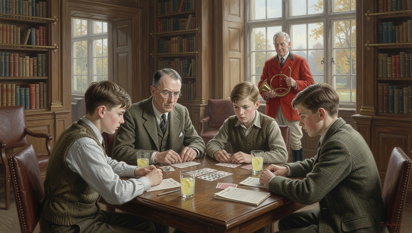 Three boys and an older man in tweed play cards at a mahogany table in the library, glasses of lemonade beside them, while Sir Reginald Voss, in a red hunting coat, holds a hunting horn at the window.