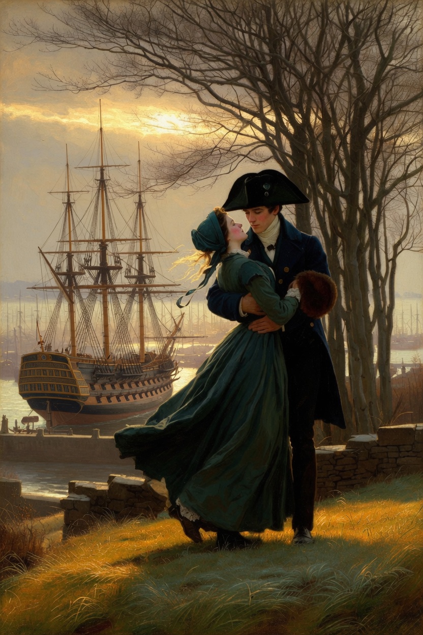 A young naval officer and a young woman embrace on a windy hillside above a harbor with a ship of the line.