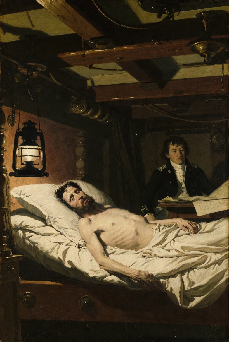 A gaunt wounded man lies in a ship's cabin bed under a lantern while an officer watches.