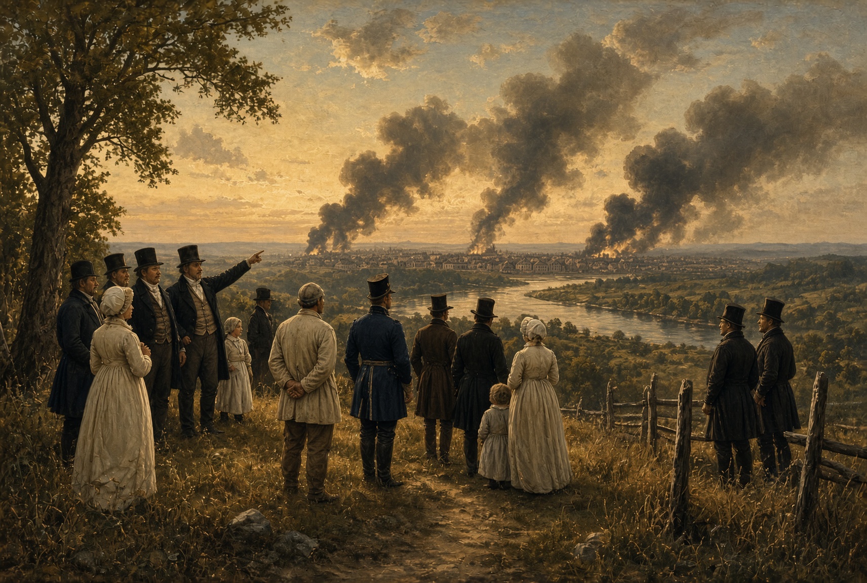 A group of onlookers on a hill watch smoke and fire rise over a distant town and river.