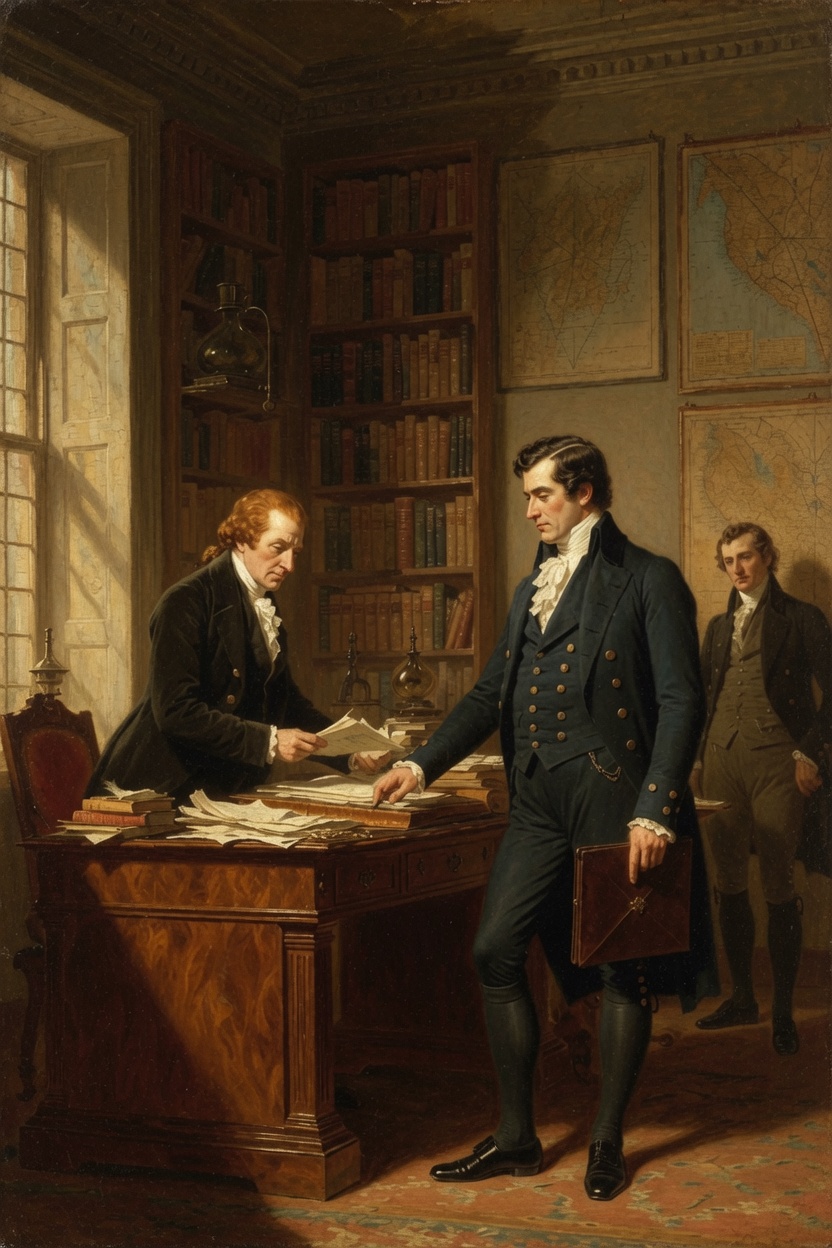 Two men at a desk of papers in a library with maps on the wall, a third man standing behind.