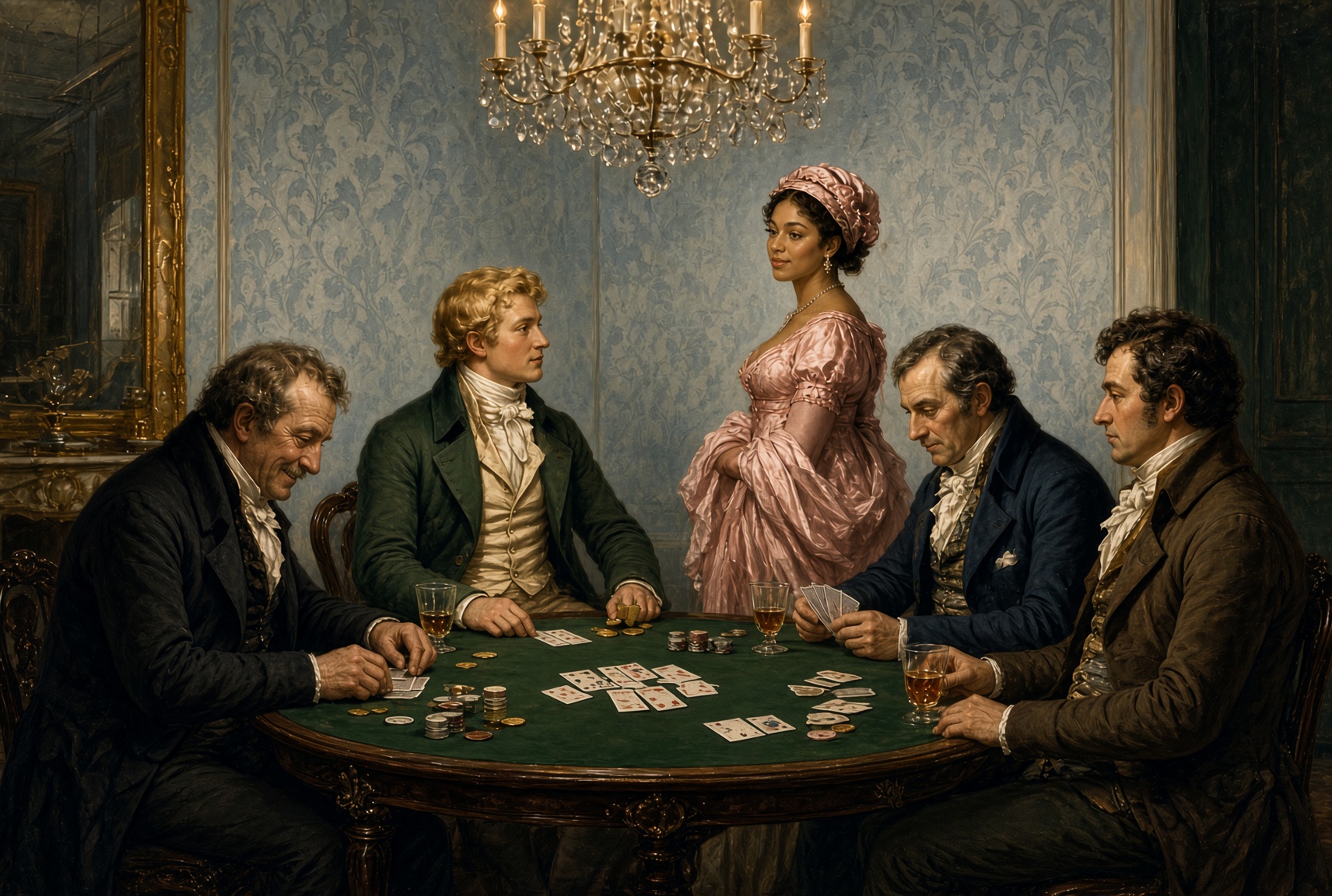The card room at Club Marseilles, a woman in pink standing by the table under a crystal chandelier.