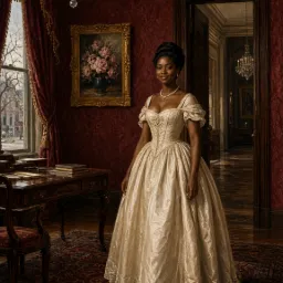 Madame Tebieux in her office, a cream gown, a bouquet of roses on the wall behind her.