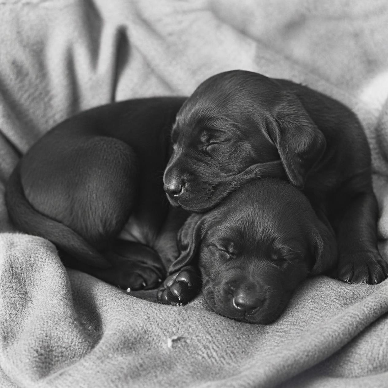 Two black Labrador puppies asleep, curled together on a grey blanket.