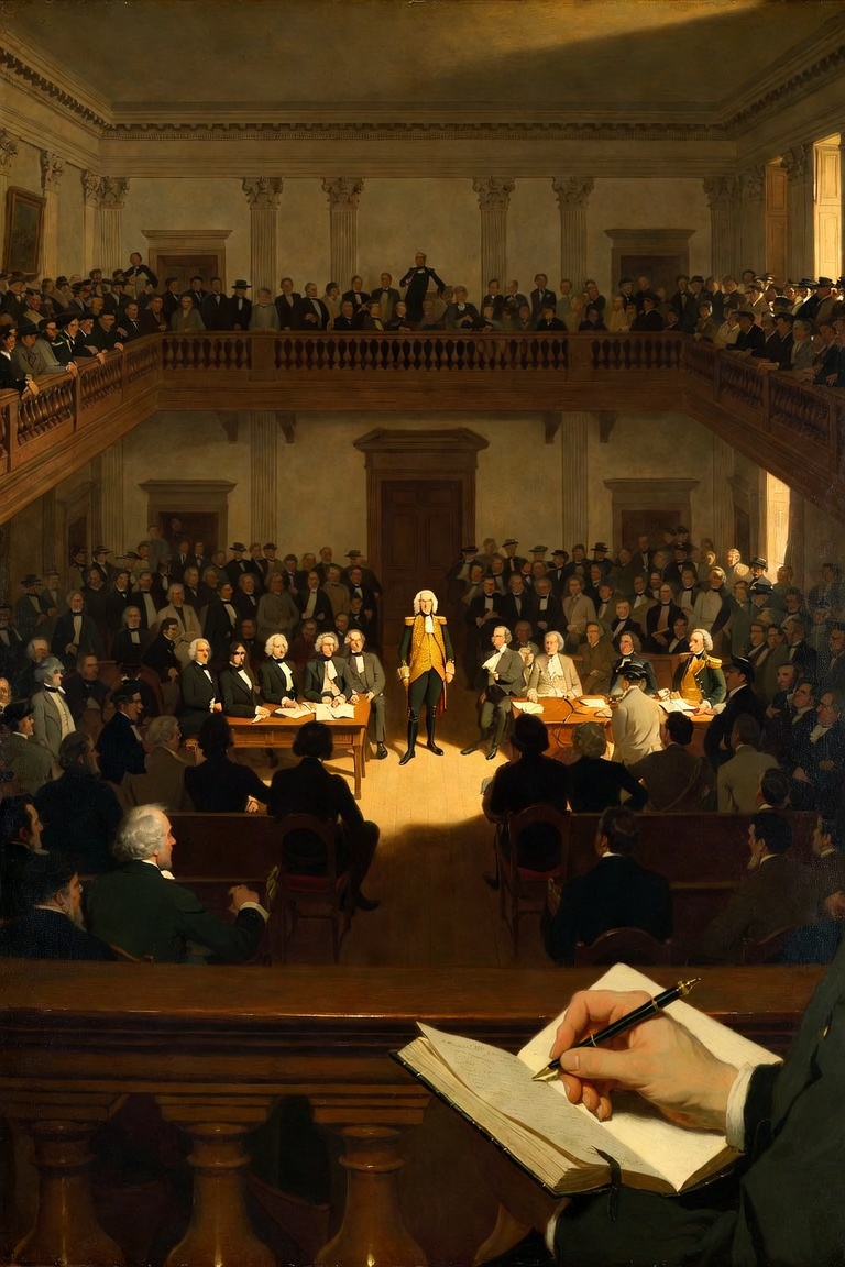 A crowded courtroom seen from the gallery, a man in a yellow waistcoat standing in the center, a hand with a pen in the foreground.