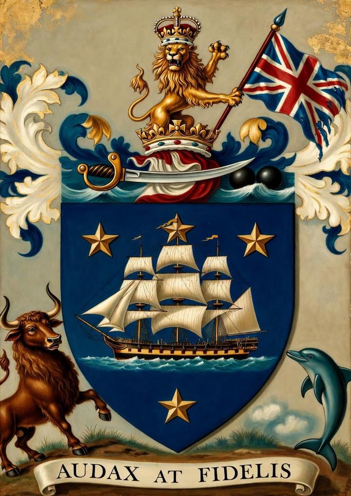 The Voss family coat of arms, a ship under sail on a blue field, motto Audax at Fidelis.