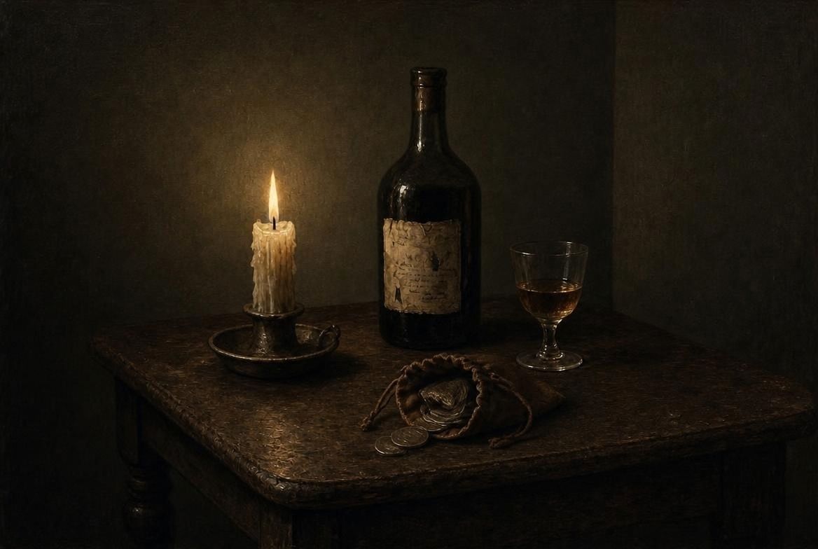 A candlelit table with a dark bottle, a glass of amber liquor, and a small drawstring purse spilling silver coins.