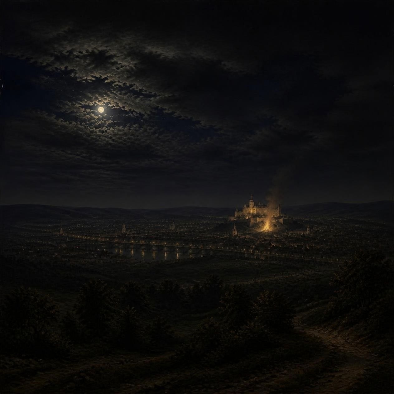 Würzburg at night under a clouded moon, the fortress on its hill and a great fire burning beneath its walls.