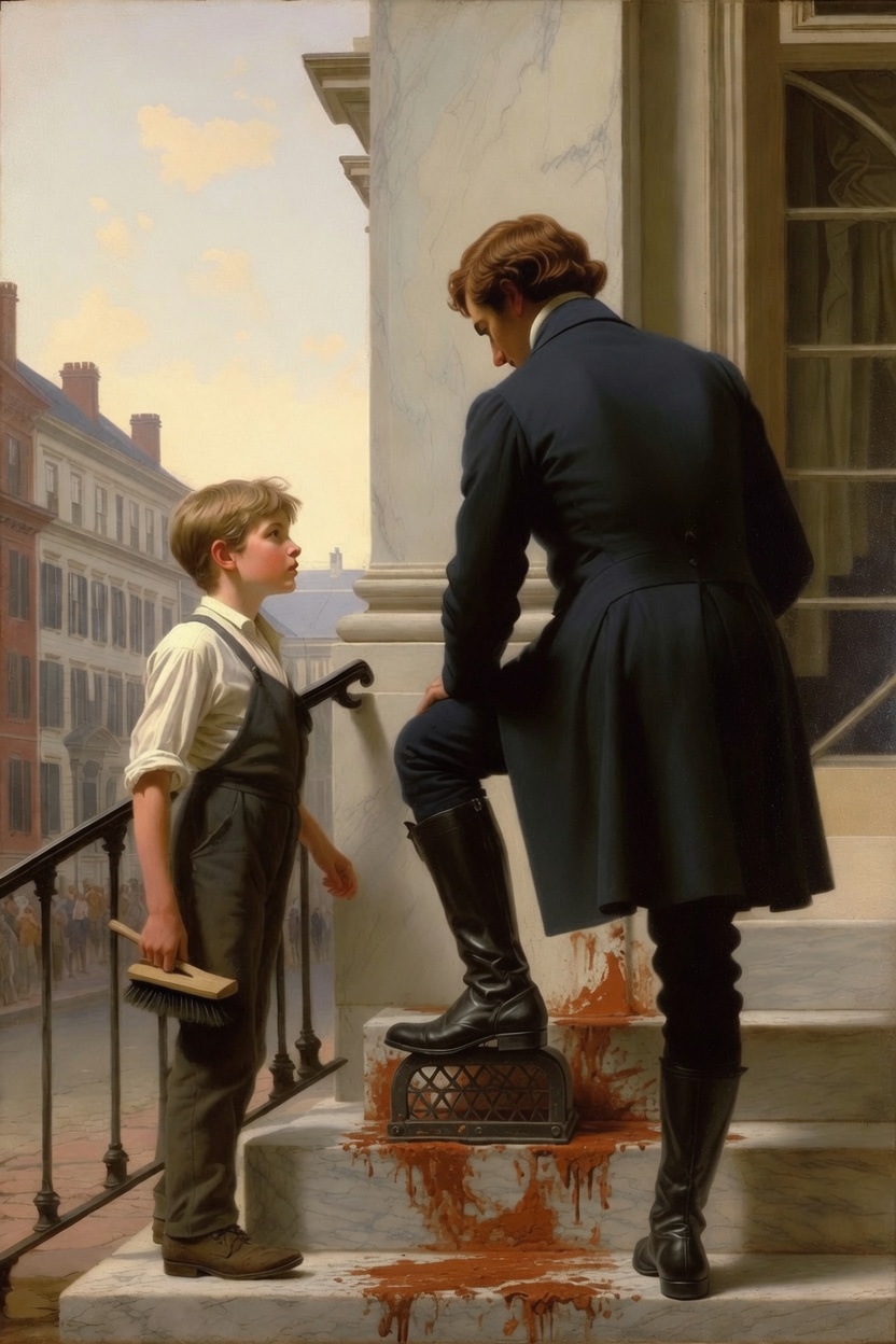 A boy with a brush looks up at a man in boots who has one foot on a boot scraper at a marble step.