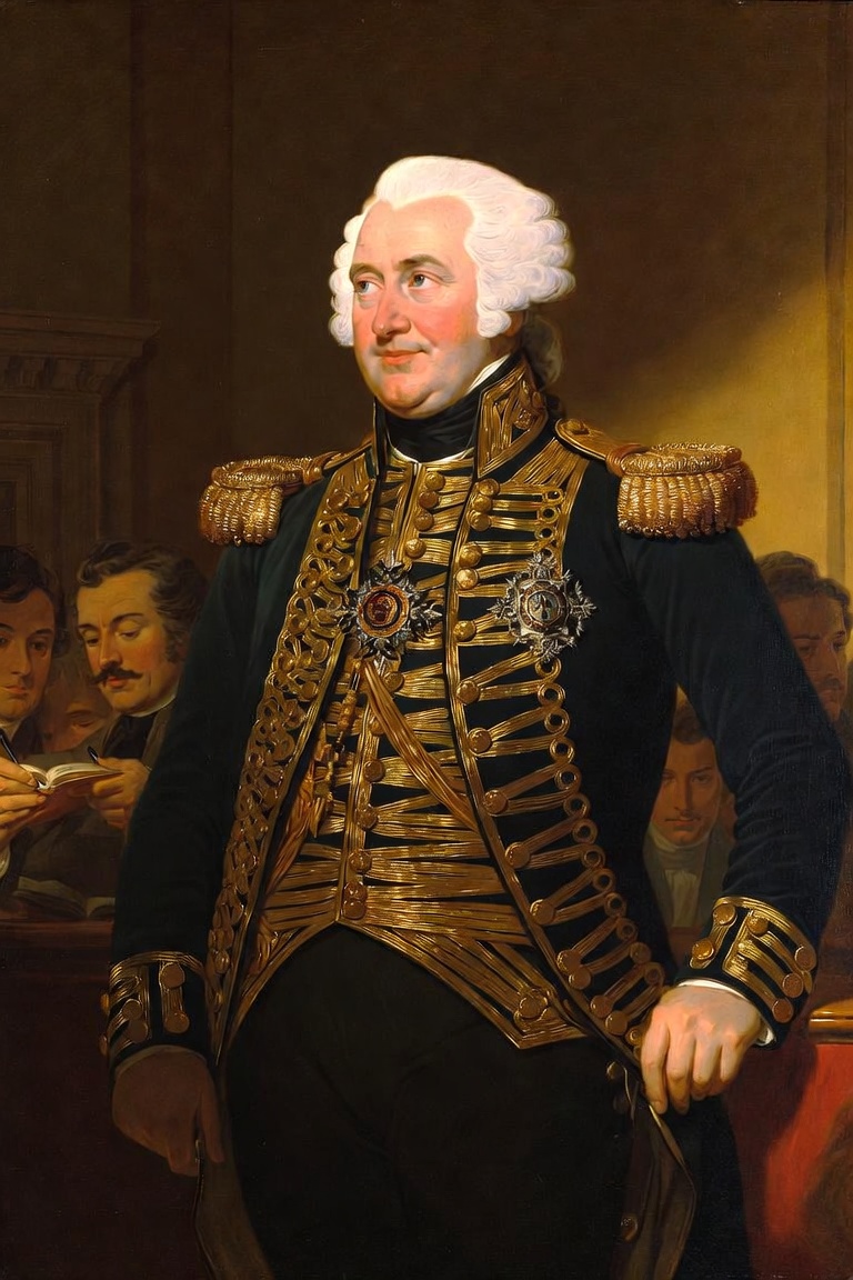 A heavyset officer in a white wig and gold-laced dark uniform with two stars on his chest, standing with one hand on his hip, clerks writing behind him.