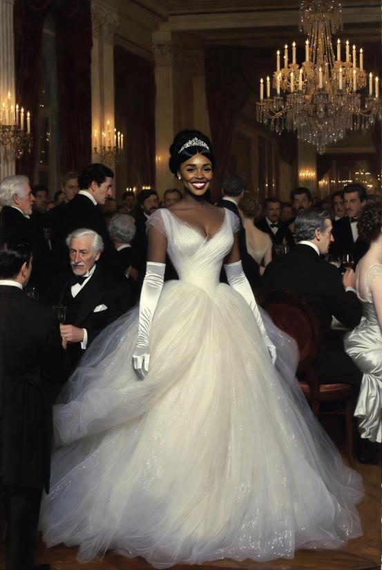 Madame Tebieux in a white ball gown, long white gloves and a tiara, smiling at the center of a crowded candlelit reception, gentlemen in evening dress around her.