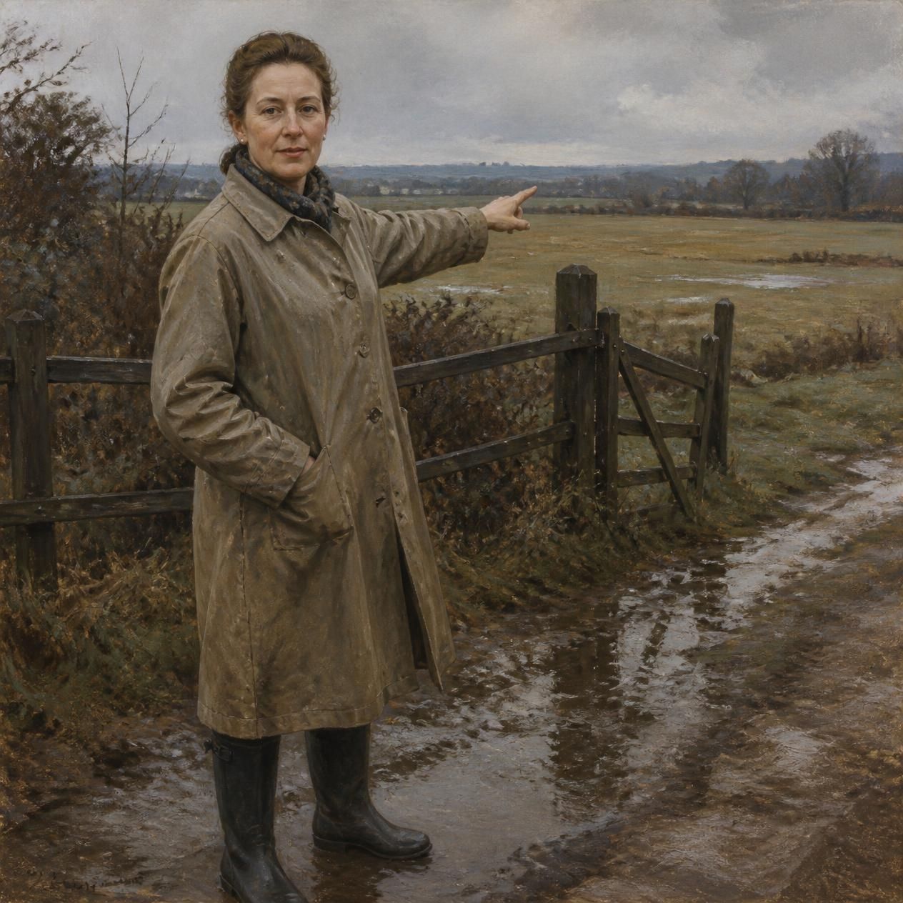 Lady Margaret Voss in a field coat, pointing across the home farm.