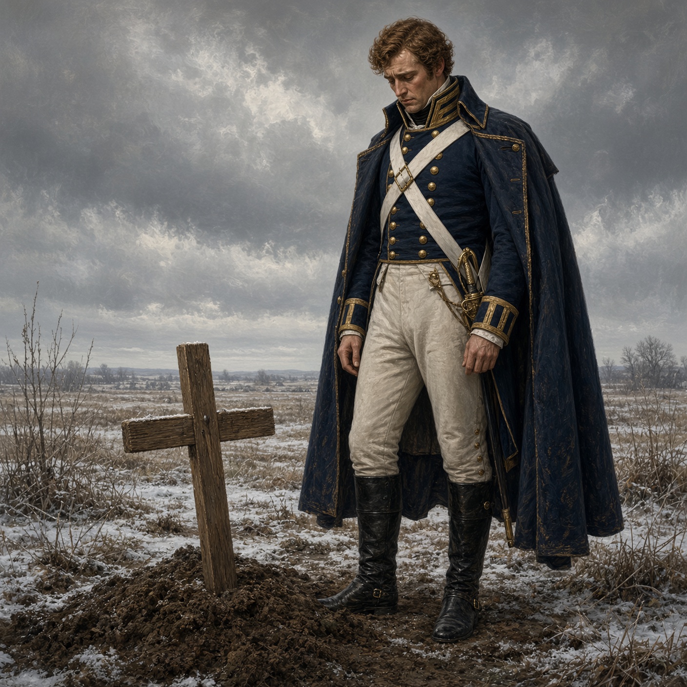 An army officer in a long blue cloak and white trousers standing head bowed beside a wooden cross on a snowy field.