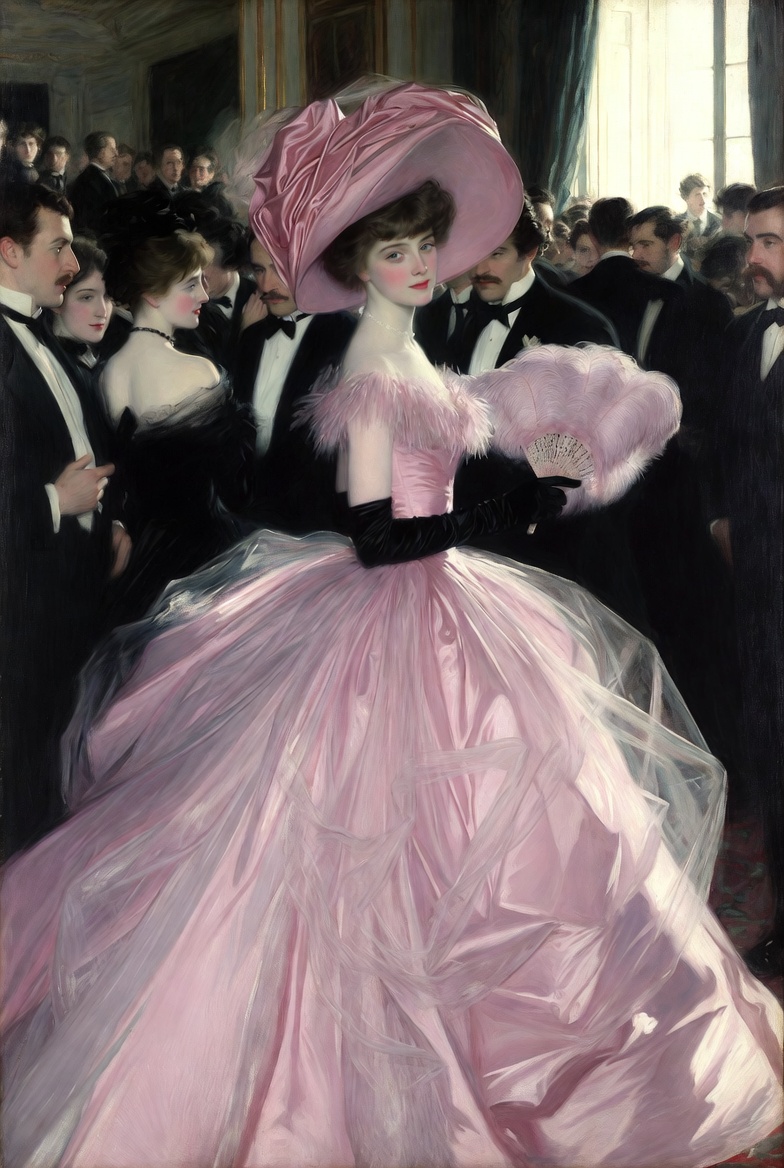 A woman in a pink gown and wide pink hat at a crowded formal party.